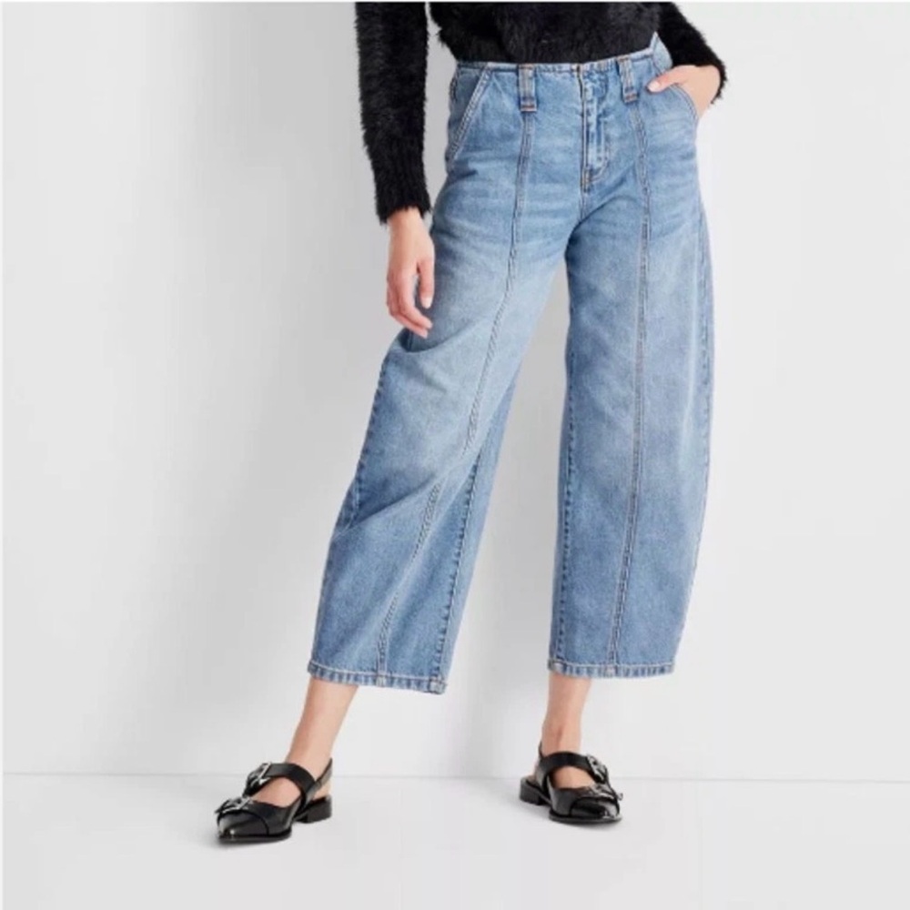 Future Collective Light Wash Barrel Leg Crop Women's Blue Jeans Size 12